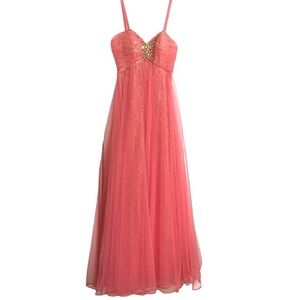 SHERRI HILL Coral Pink Embellished Tulle & Lace Full Length Gown